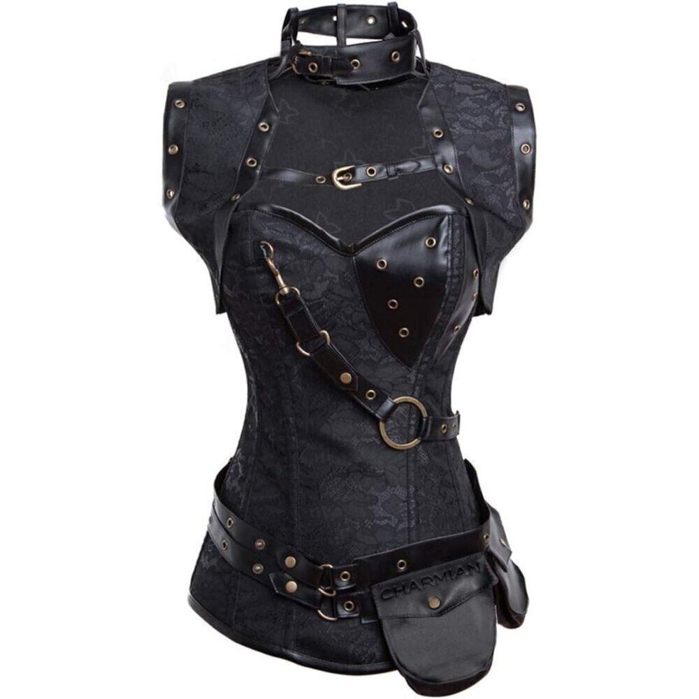🆕Women First Black Steampunk Vintage Spiral Steel Boned Corset Bustier
